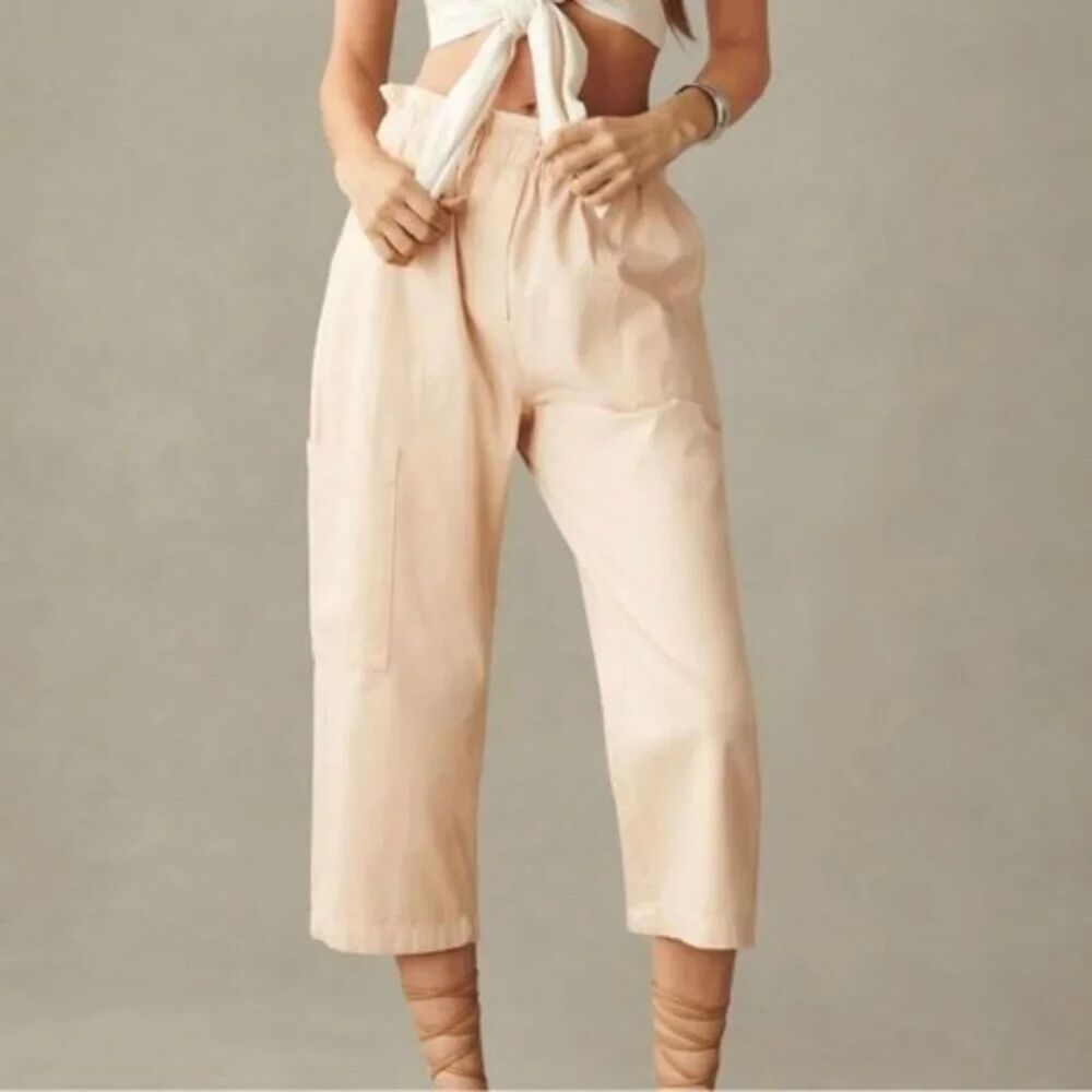 Anthropologie 100% Cotton Paperbag Crop Straight Leg Cargo Pants S Old Money